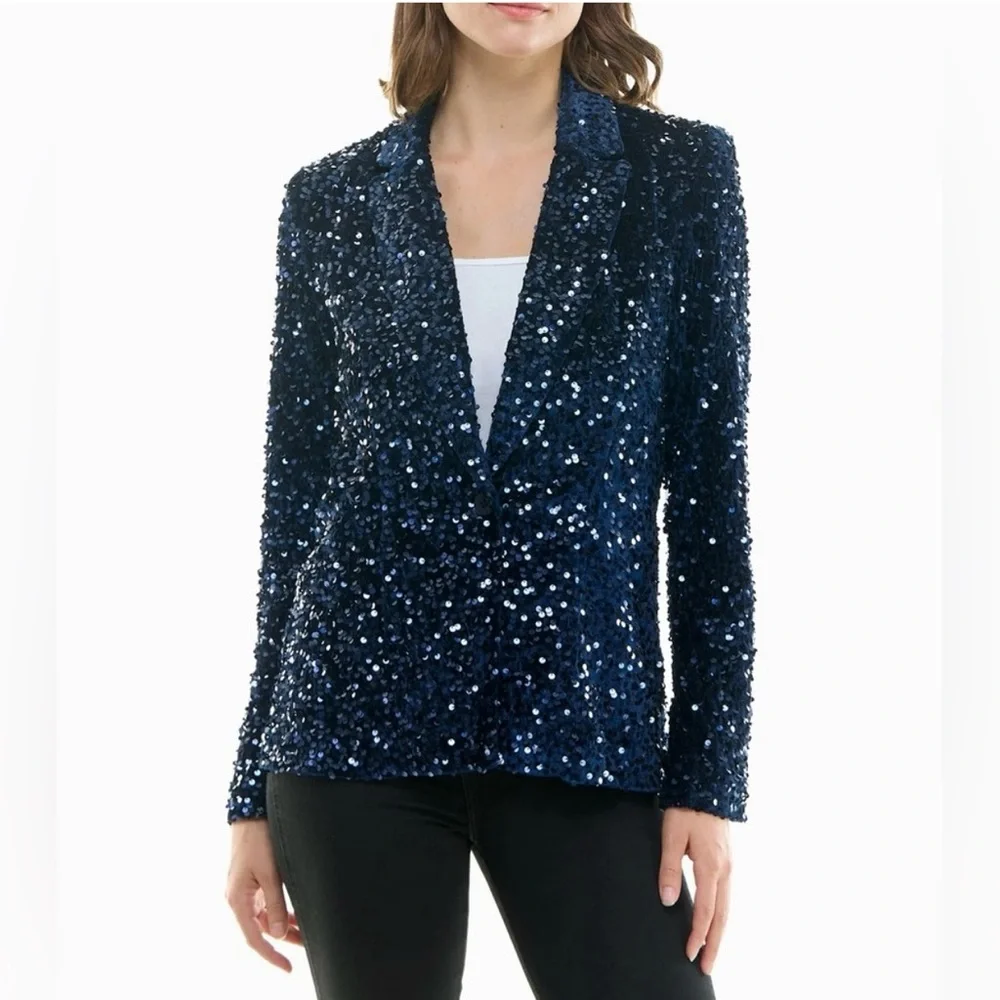 Nanette Lepore Girls’ Night Out Sapphire Blue Velvet Sequin Blazer Jacket - Picture 1 of 16